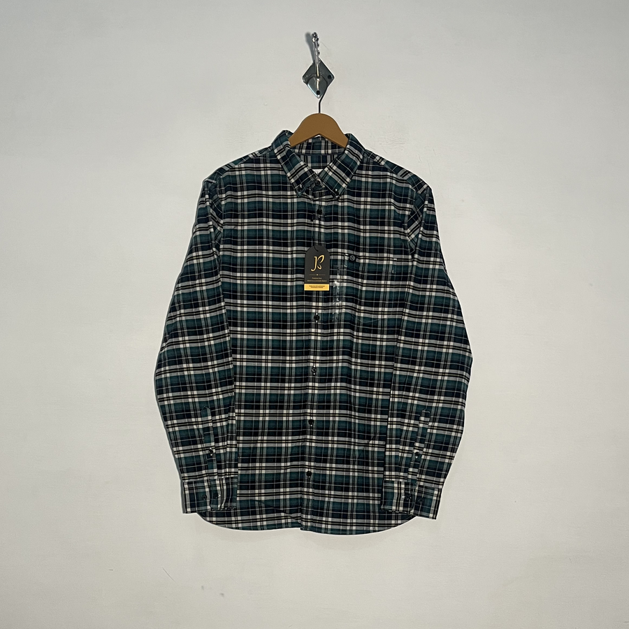 M&S Men's Dress Shirt Black Green & White Check Preloved #3452