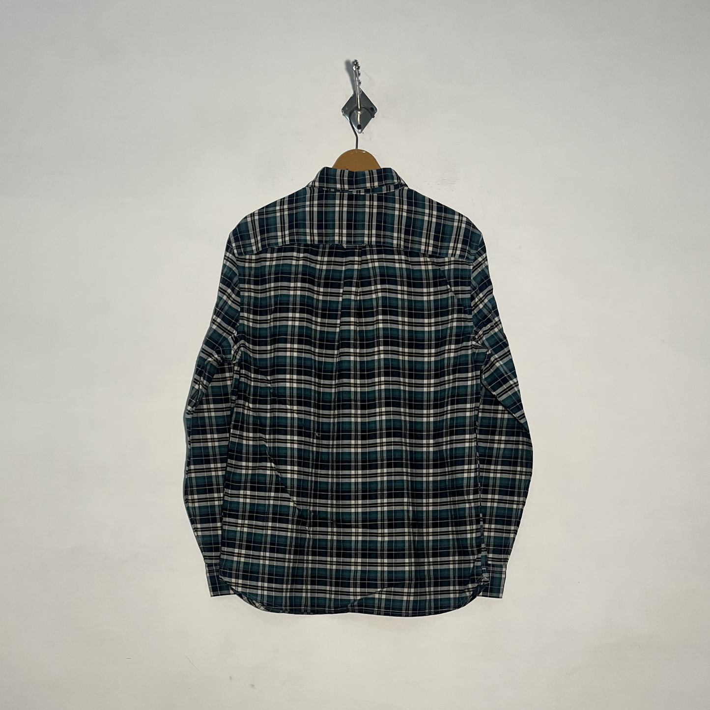 M&S Men's Dress Shirt Black Green & White Check Preloved #3452