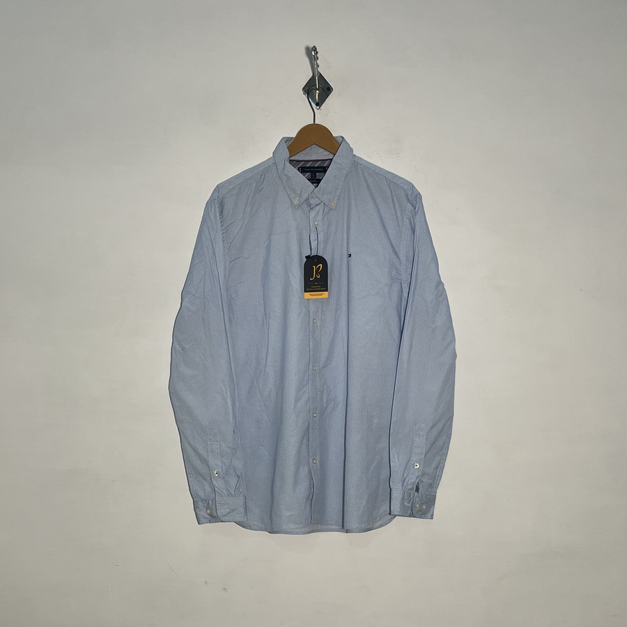 Tommy Hilfiger Men's Dress Shirt White & Sky Blue Printed Preloved #3446