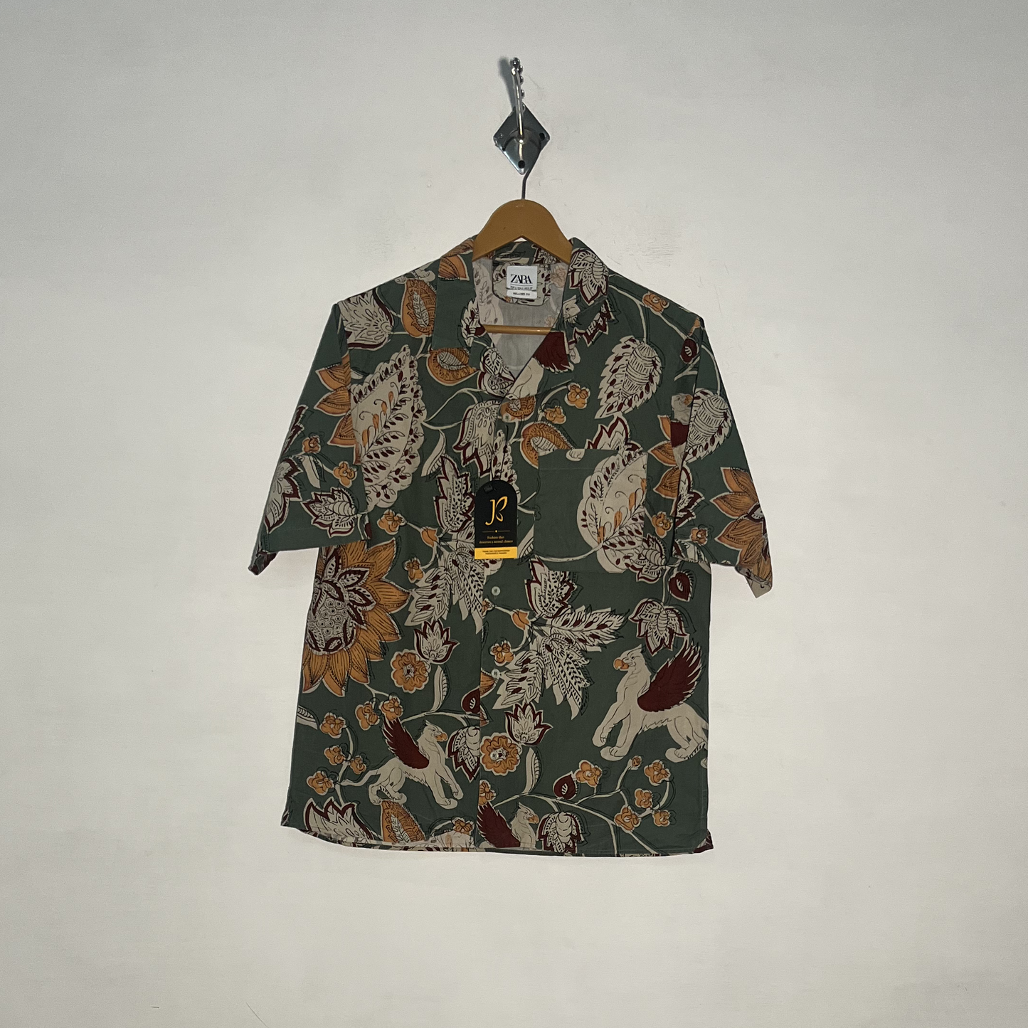 Zara Men's Dress Shirt Green Orange & Off White Floral Preloved #3441