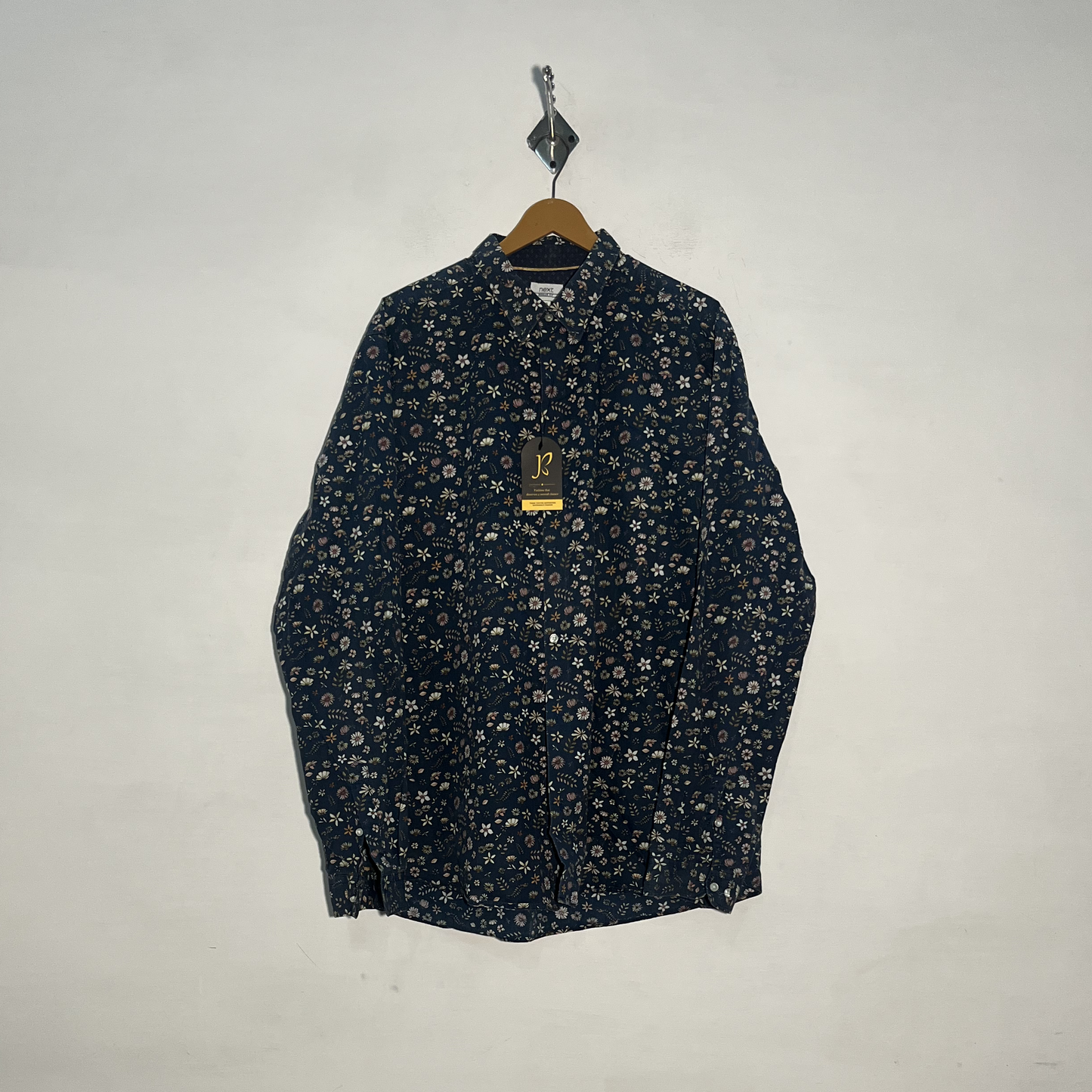 Next Men's Dress Shirt Dark Blue & Off White Floral Preloved #3440