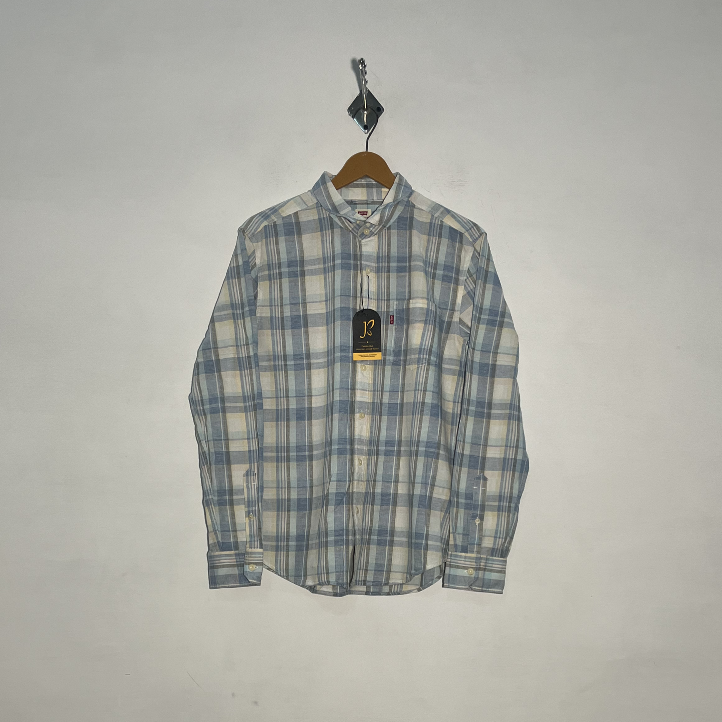 Levi's Men's Dress Shirt White Blue & Gray Check Preloved #3438