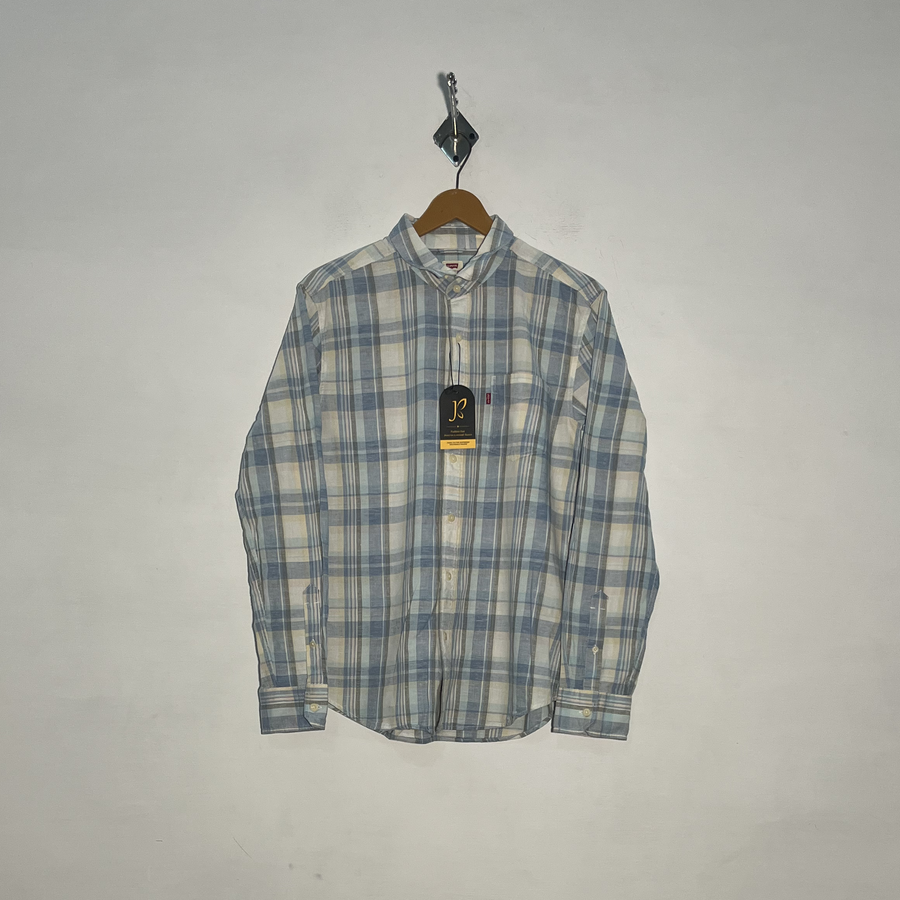 Levi's Men's Dress Shirt White Blue & Gray Check Preloved #3438