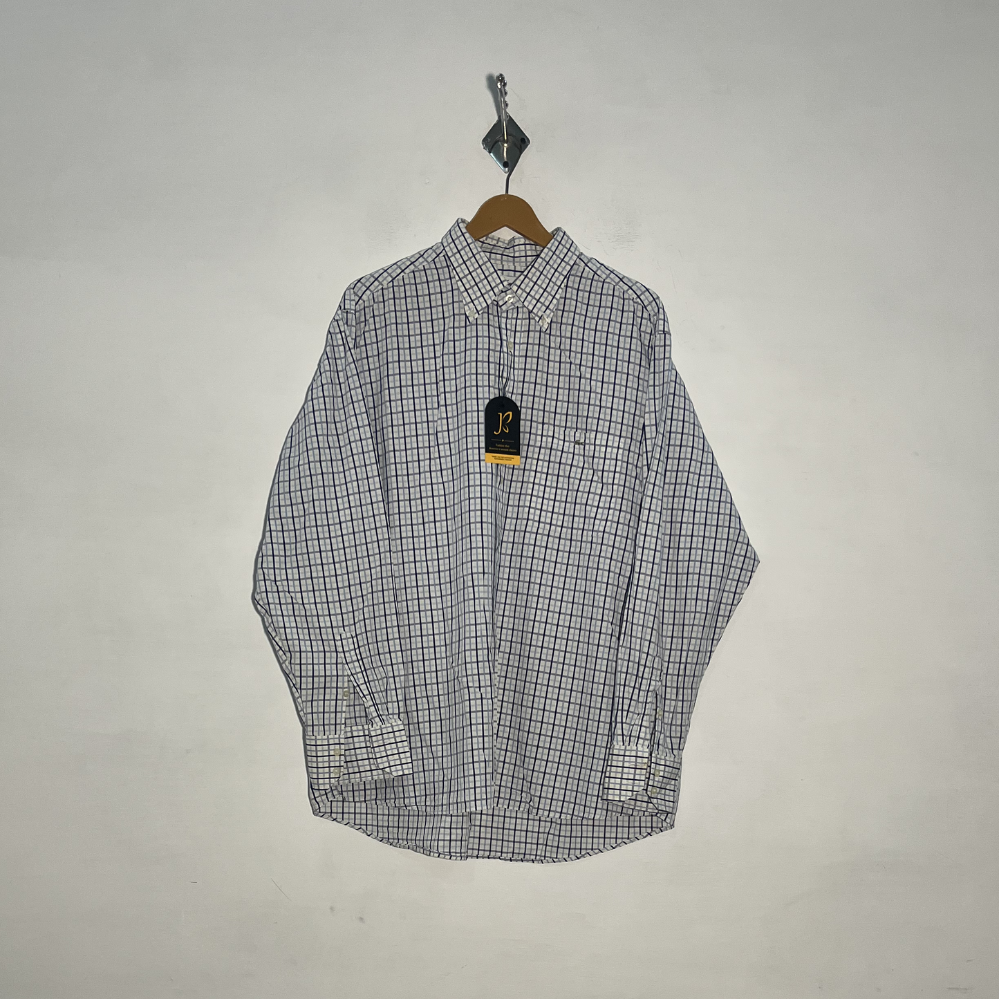 Lacoste Men's Dress Shirt White Black & Gray Check Preloved #3434