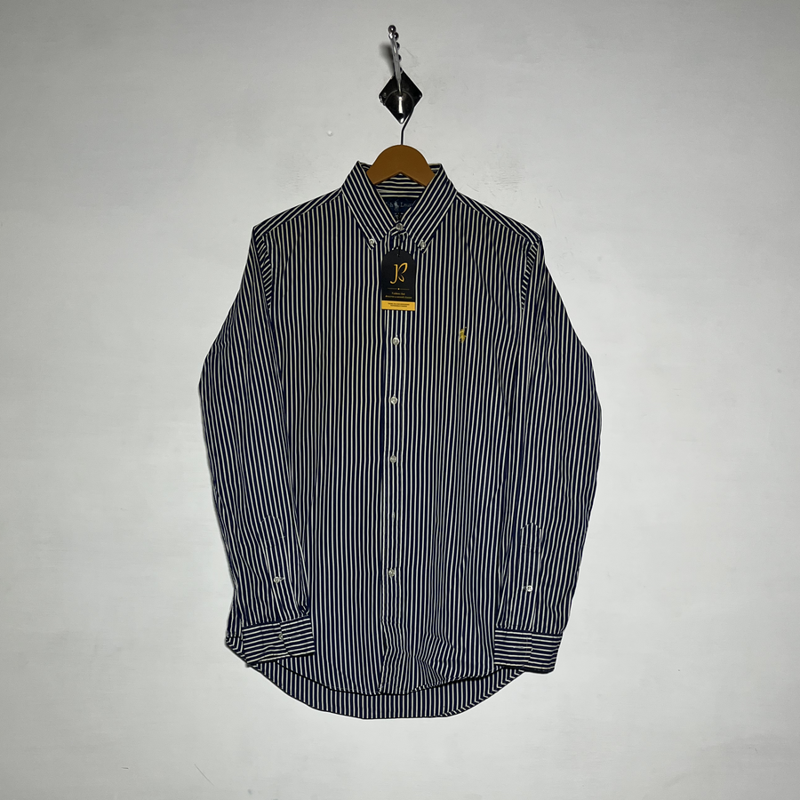 Ralph Lauren Men Dress Shirt Dark Blue White Lining Preloved #3466