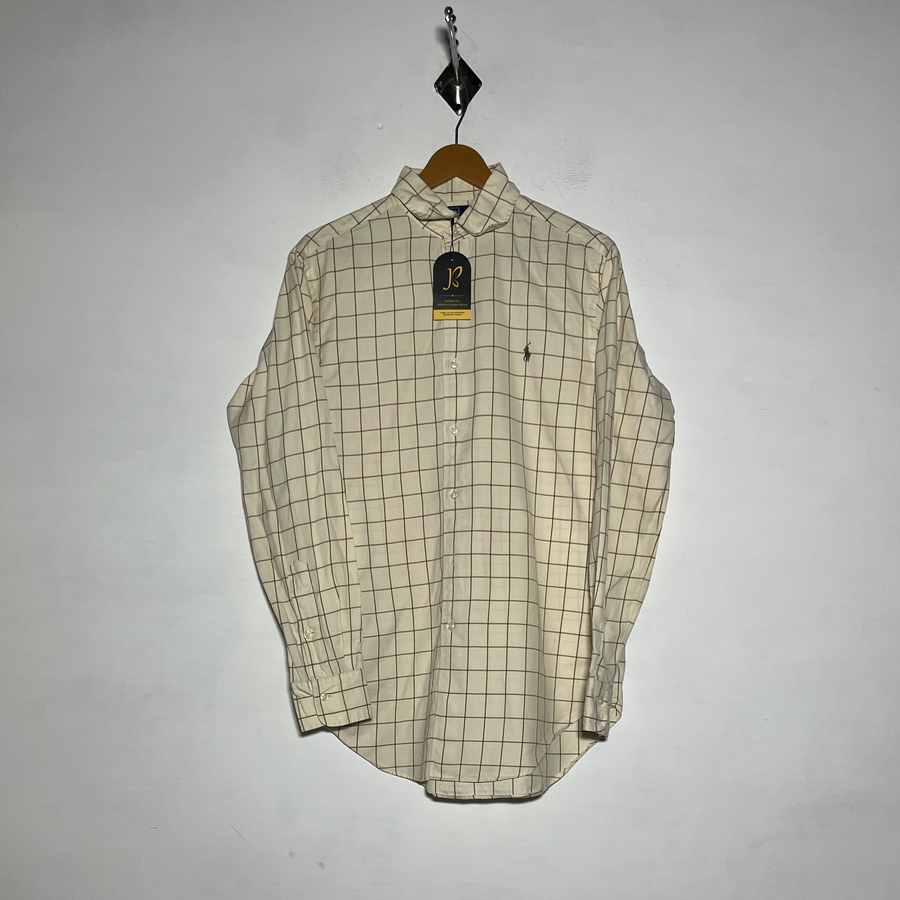 Polo Men Dress Shirt Off White Brown Check Preloved #3469