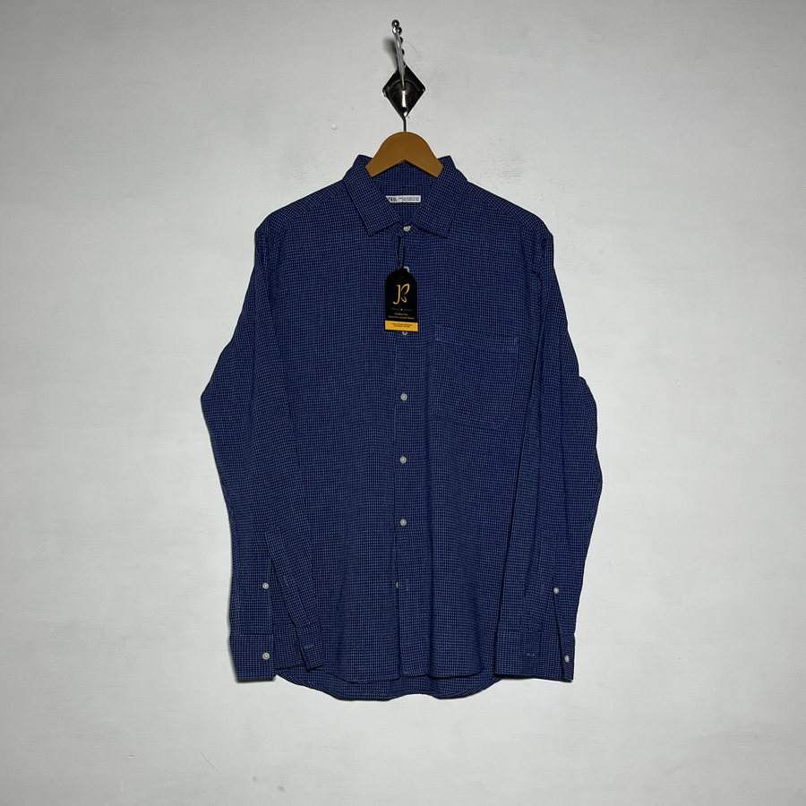 Zara Men Dress Shirt Dark Blue Check Preloved #3471