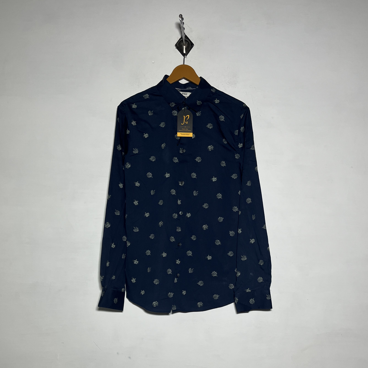 M&S Men Dress Shirt Dark Blue Gray Floral Preloved #3474