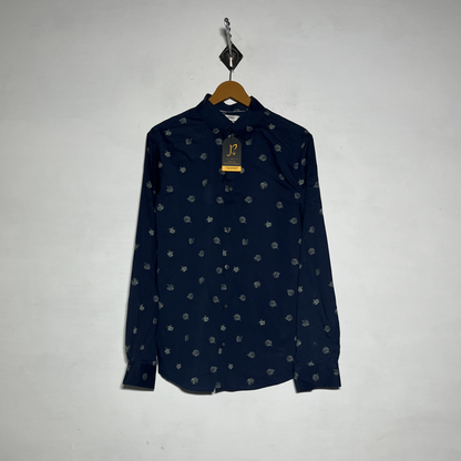 M&S Men Dress Shirt Dark Blue Gray Floral Preloved #3474