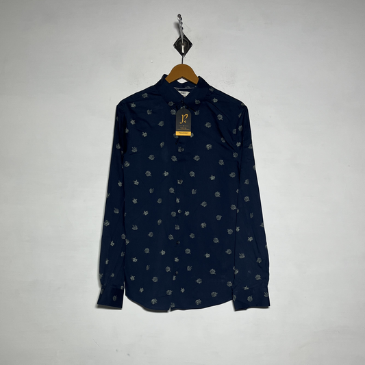M&S Men Dress Shirt Dark Blue Gray Floral Preloved #3474