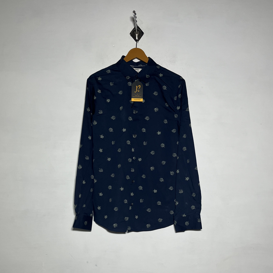 M&S Men Dress Shirt Dark Blue Gray Floral Preloved #3474