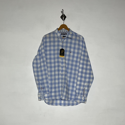 Tommy Hilfiger Men Dress Shirt Preloved Sky Blue & White Check #3475