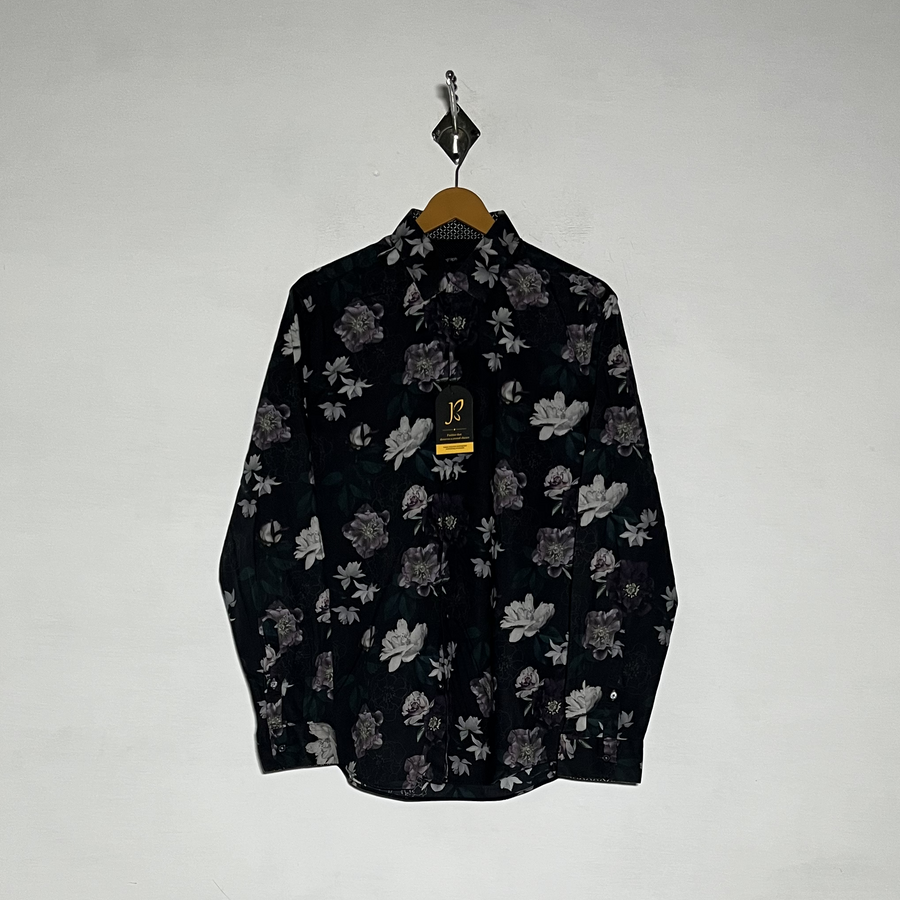 Autograph Men Dress Shirt Preloved Black & White Purple Floral #3473