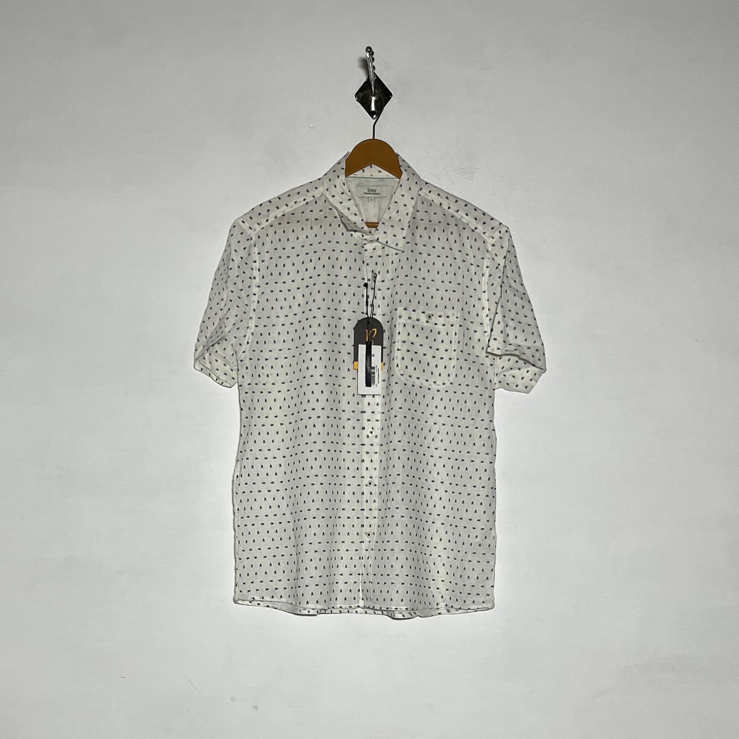 Easy Men Dress Shirt Preloved White & Blue Printed #3471