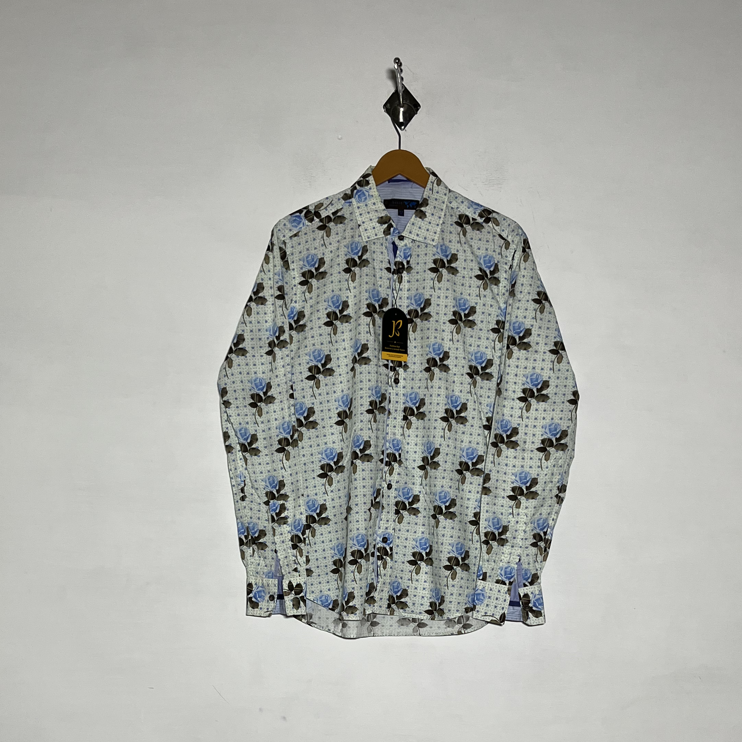 Ted Baker Men Dress Shirt Preloved White & Sky Blue Floral #3467