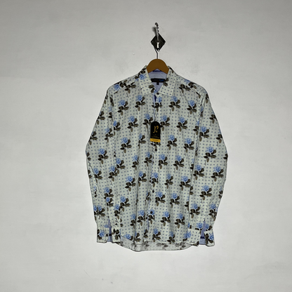 Ted Baker Men Dress Shirt Preloved White & Sky Blue Floral #3467