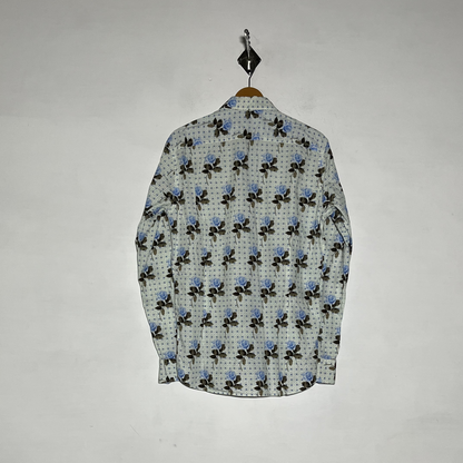 Ted Baker Men Dress Shirt Preloved White & Sky Blue Floral #3467