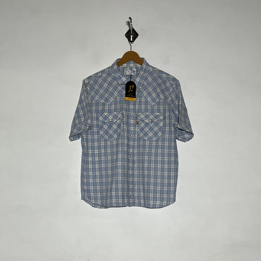 Levi Strauss Men Dress Shirt Preloved Sky Blue & White Check #3466