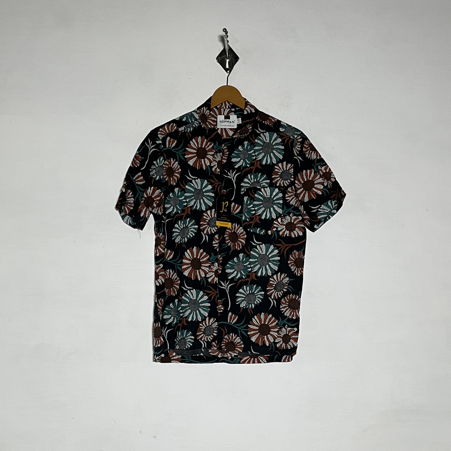 Topman Men Dress Shirt Preloved Black & Sea Green Floral #3458