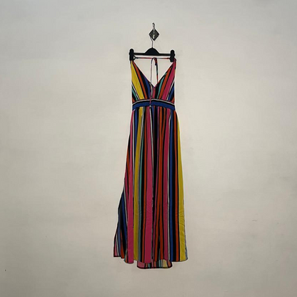 Pink Black Yellow and Green Lining Women's Maxi Dress #3005