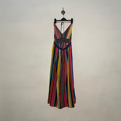 Pink Black Yellow and Green Lining Women's Maxi Dress #3005