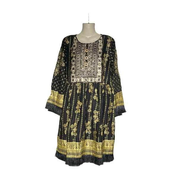 Black & Gold Traditional Embroidered Kurti with Fringe Detailing #139