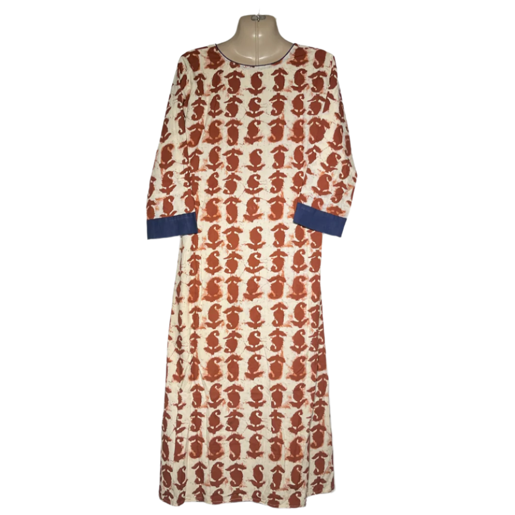 Elegant Brown & White Printed High-Low Kurti with Blue Accents #140