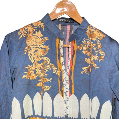 Navy Blue & Mustard Embroidered Kurta – BTW Collection #126