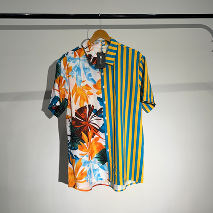 Charmkpr Half & Half Floral & Striped Short Sleeve Shirt #020